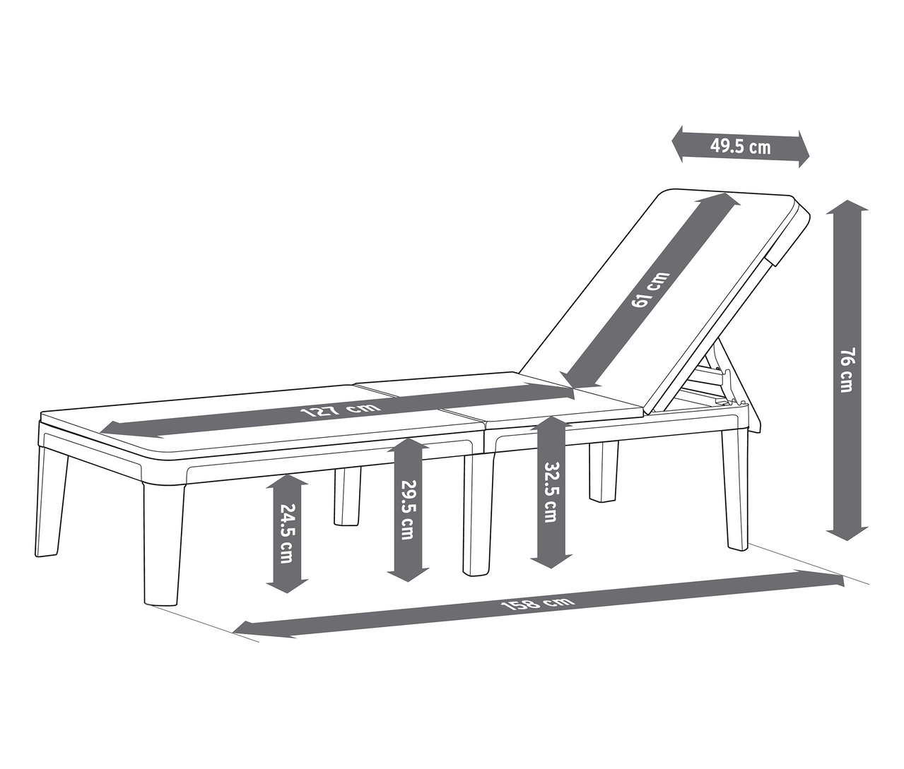 Image d'une chaise longue avec des dimensions en centimètres.