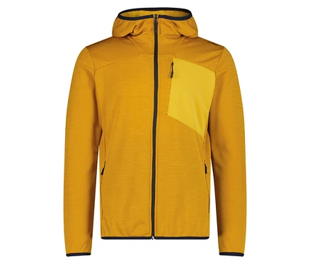 Veste à capuche jaune avec fermeture éclair intégrale sur le devant et une poche poitrine jaune.