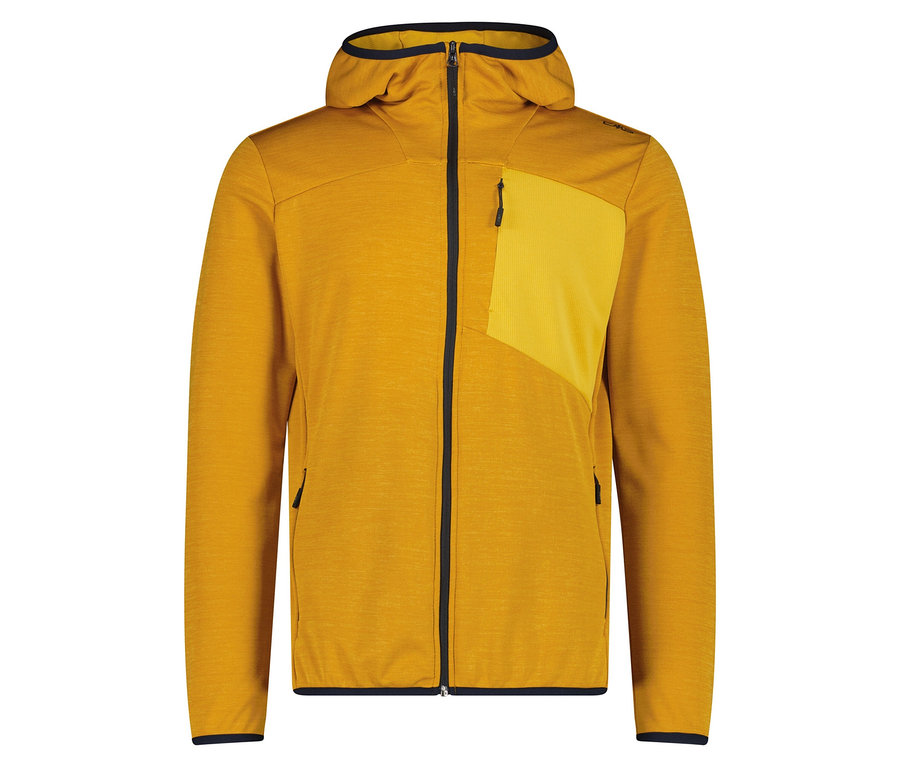 Veste à capuche jaune avec fermeture éclair intégrale sur le devant et une poche poitrine jaune.