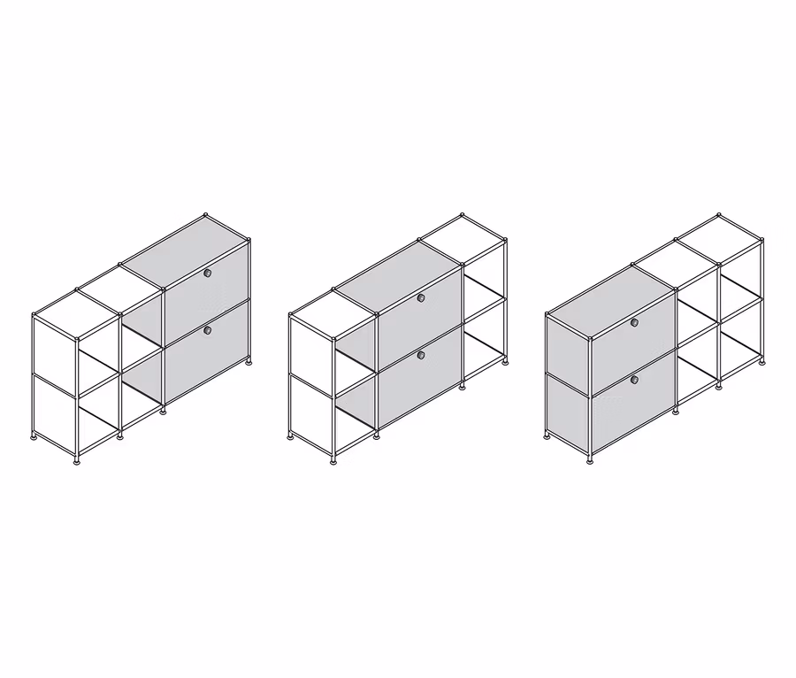 Trois systèmes d'étagères modulaires avec des étagères ouvertes et des éléments d'armoires gris.