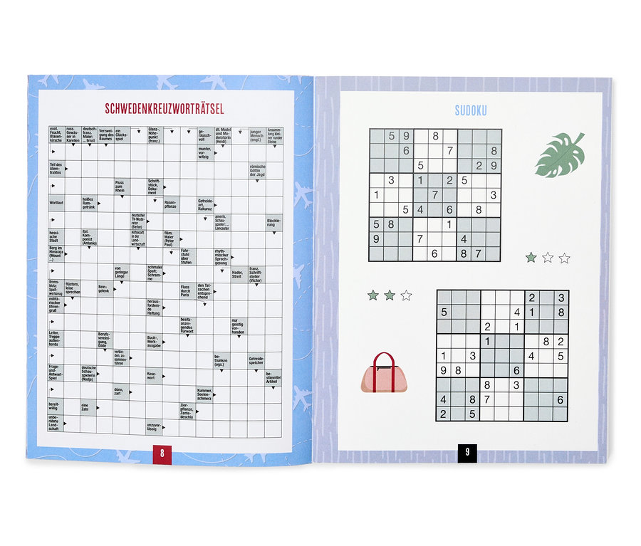 Livre de jeux ouvert avec mots croisés suédois et sudoku, ainsi que des illustrations.