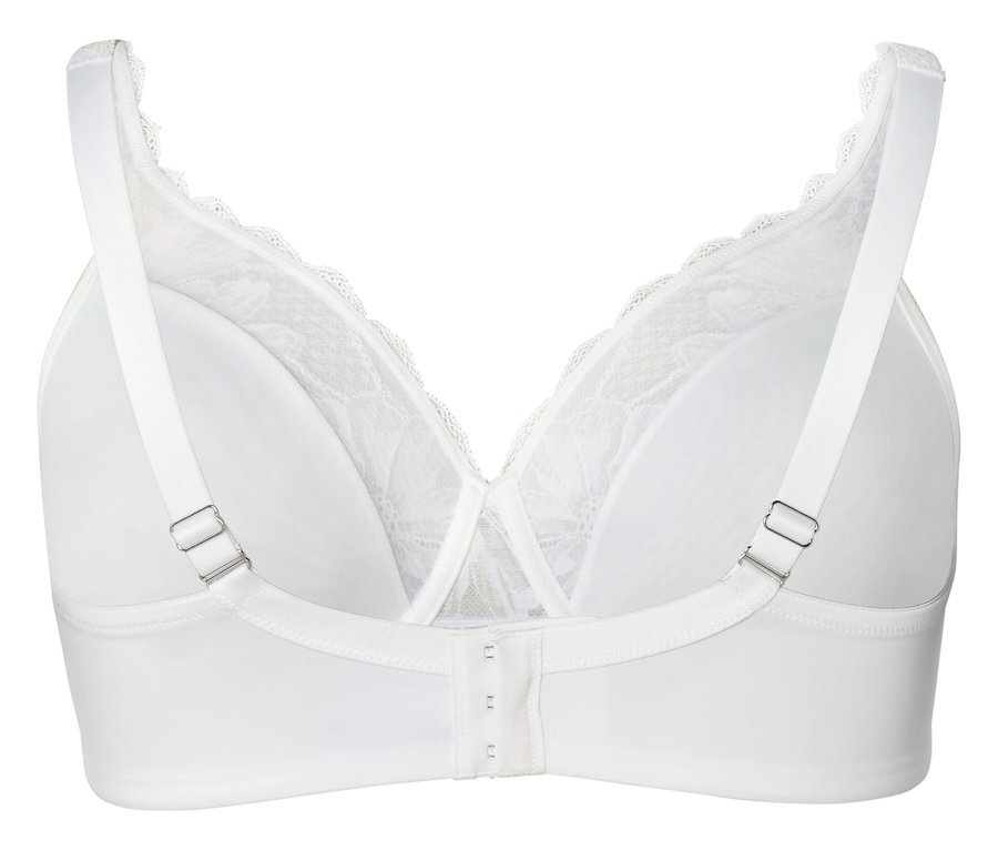 Vue arrière d'un soutien-gorge blanc avec de la dentelle.