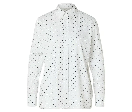 Chemise blanche à manches longues avec col et patte de boutonnage sur toute la longueur, recouverte de petits points bleu marine.