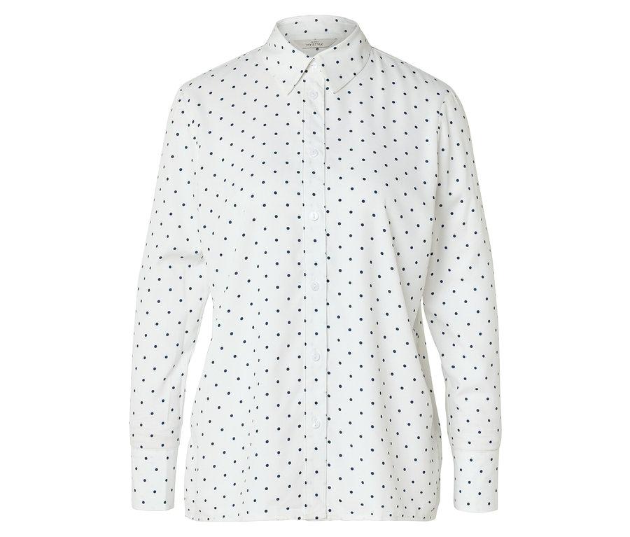 Chemise blanche à manches longues avec col et patte de boutonnage sur toute la longueur, recouverte de petits points bleu marine.