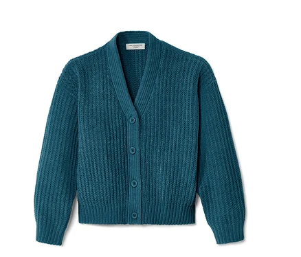 Cardigan en tricot turquoise avec col en V et boutons.