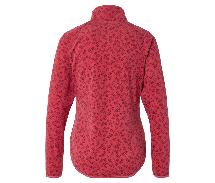 Vue arrière d'une veste polaire rouge avec un motif floral intégral.