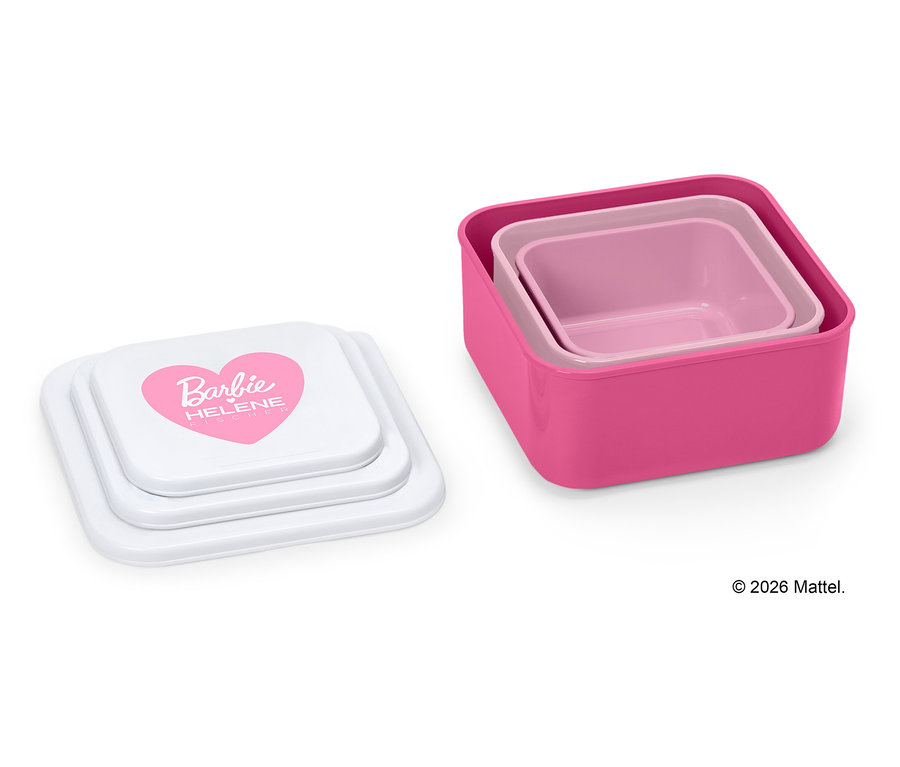 Trois boîtes de conservation roses de différentes tailles empilées les unes dans les autres. Les couvercles sont blancs avec un logo rose en forme de cœur.