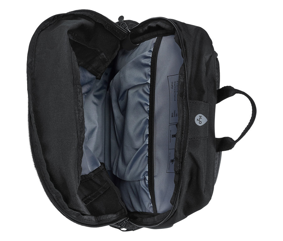 Sac à dos noir ouvert avec doublure grise.