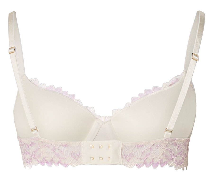Vue arrière d'un soutien-gorge blanc avec de délicates dentelles violettes sur les bords.