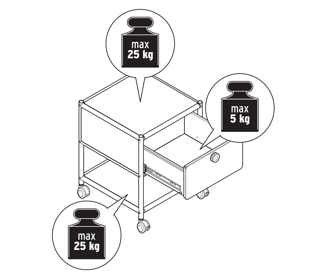 Vue de dessus d'une table d'appoint en métal « CN3 » avec tiroir, charge maximale en haut et en bas de 25 kg, tiroir de 5 kg maximum.