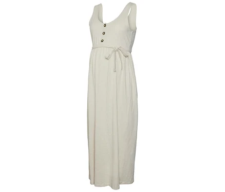 Longue robe de maternité beige sans manches avec boutons et ceinture à la taille.