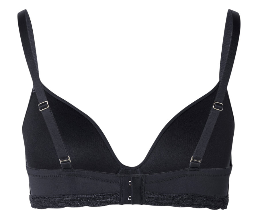 Vue arrière d'un soutien-gorge noir avec bretelles réglables et fermeture à agrafes.