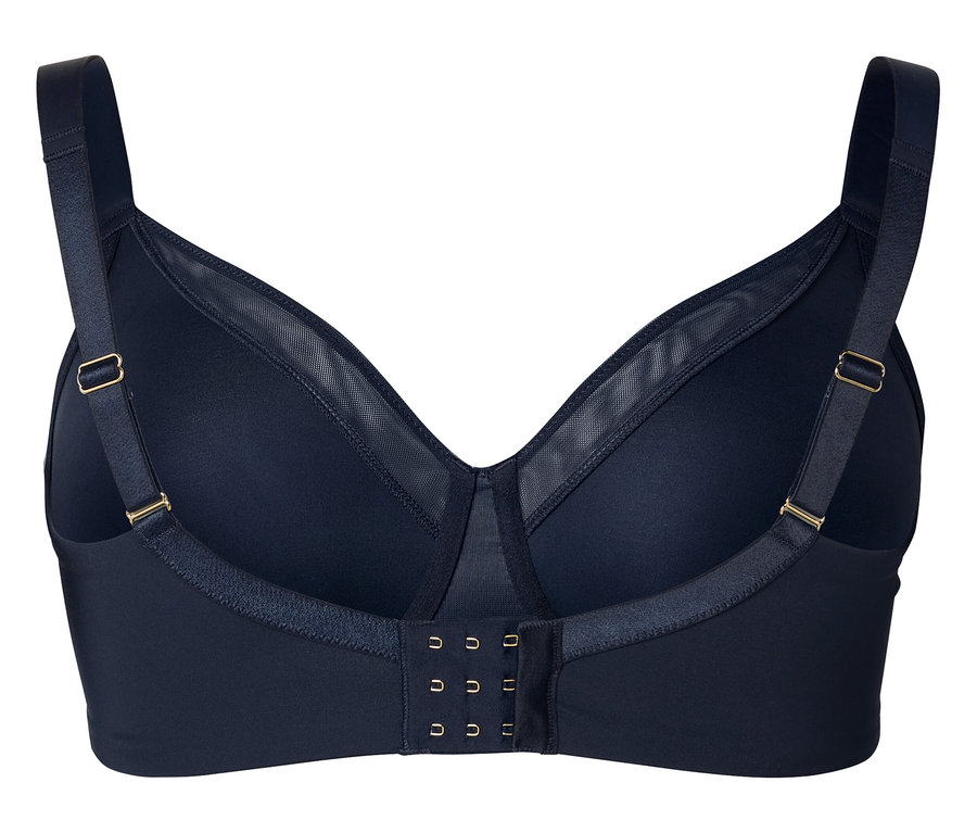 Vue de dessus d'un soutien-gorge bleu marine avec triple fermeture à agrafes.