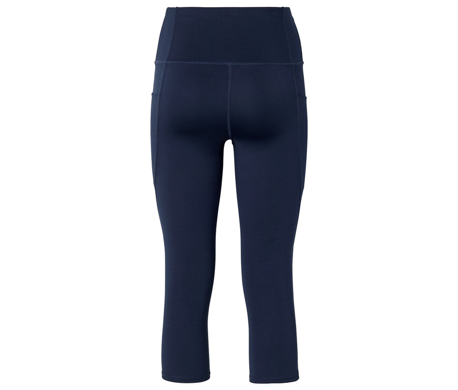 Gros plan d'un legging bleu marine taille haute avec des poches, debout sur un fond blanc.