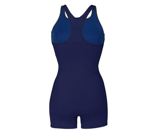 Vue arrière d'un maillot de bain bleu marine avec dos nageur et jambes courtes.