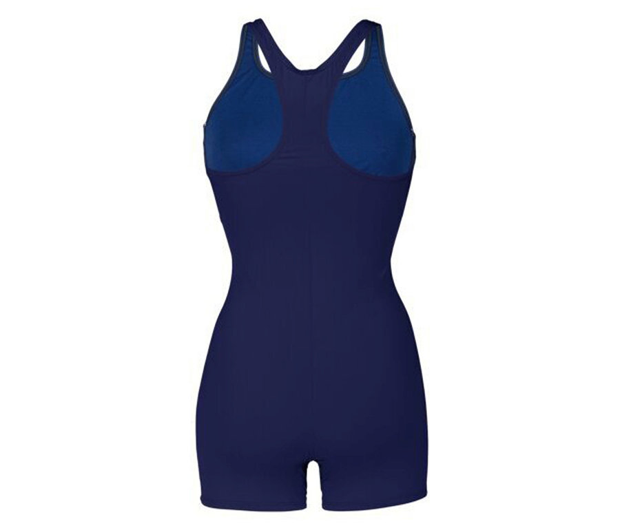 Vue arrière d'un maillot de bain bleu marine avec dos nageur et jambes courtes.