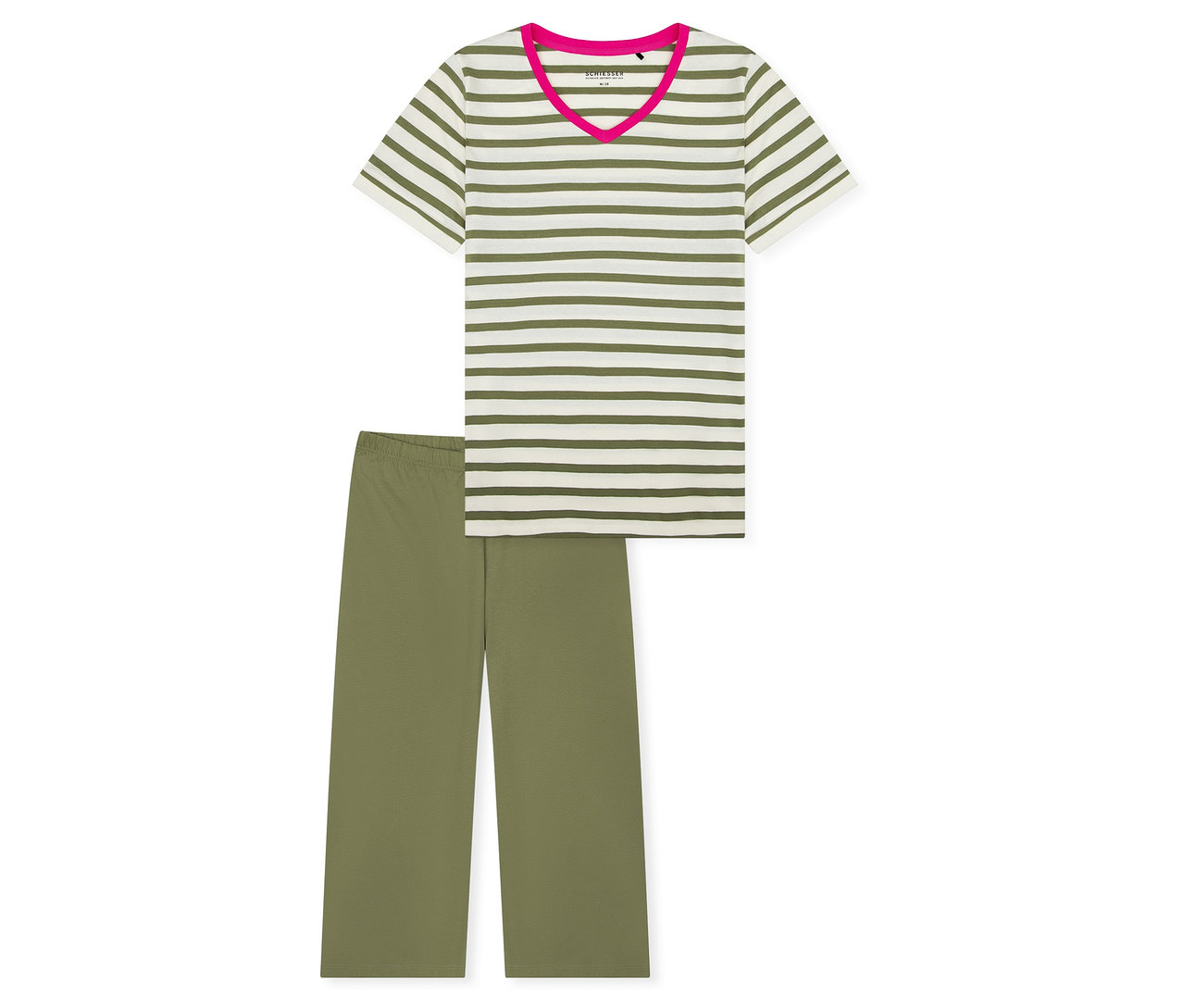 Set de pyjama 3/4 SCHIESSER, composé d'un haut à manches courtes rayé blanc et vert olive avec un col en V rose, et d'un pantalon 3/4 uni vert olive.