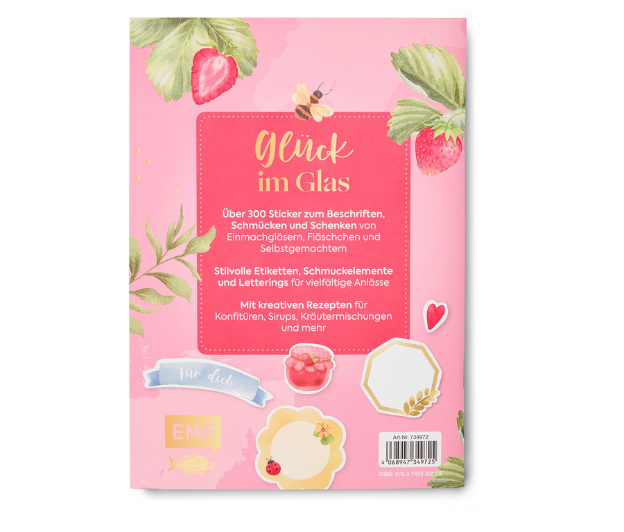 Le livre «Mit Liebe selbstgemacht» sur un fond rose avec des fraises et une abeille. Le livre parle d'autocollants et de recettes.