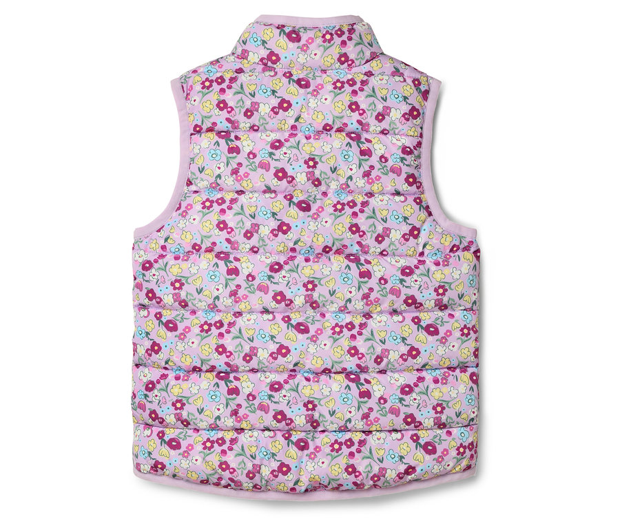 Vue arrière d'un gilet rose pour enfant avec un motif floral.