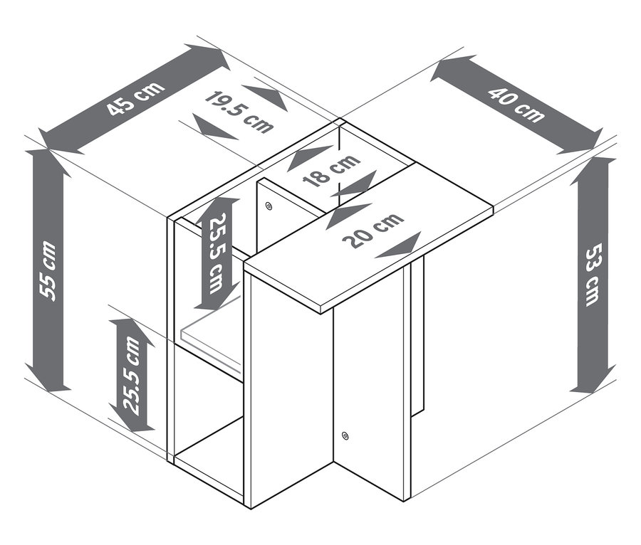 Vue de dessus d'une table d'appoint aspect bois mesurant 55 x 45 x 40 cm.