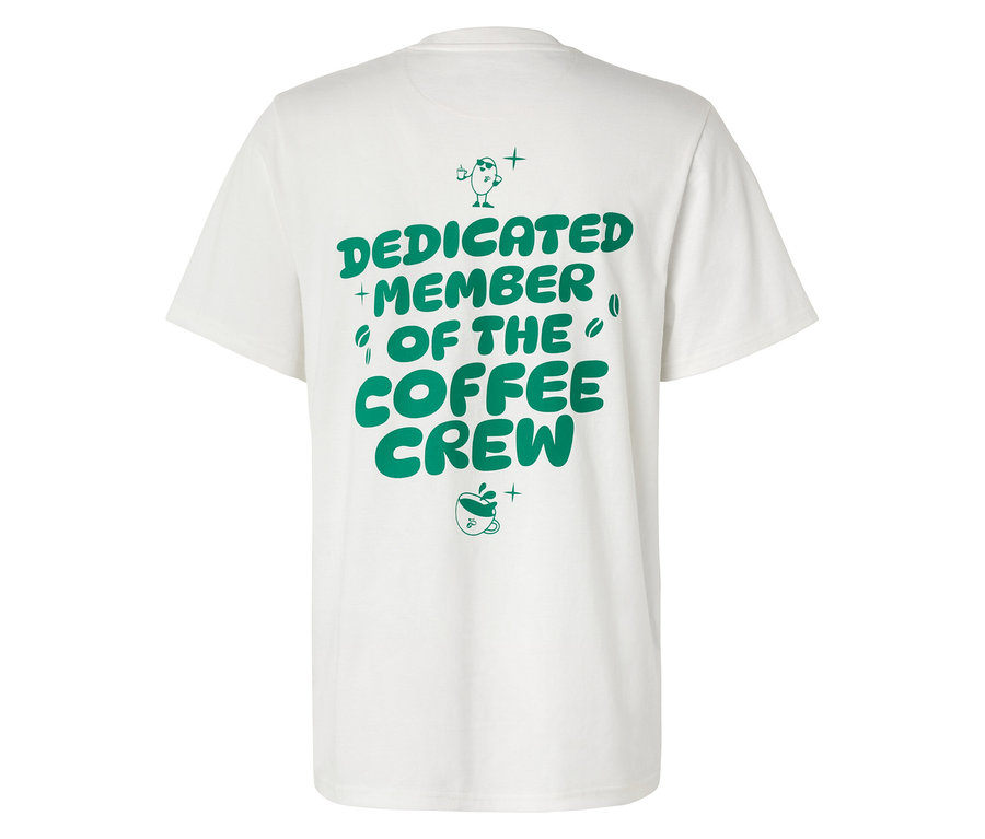 Vue arrière d'un t-shirt blanc unisexe Coffee Crew avec un imprimé vert.