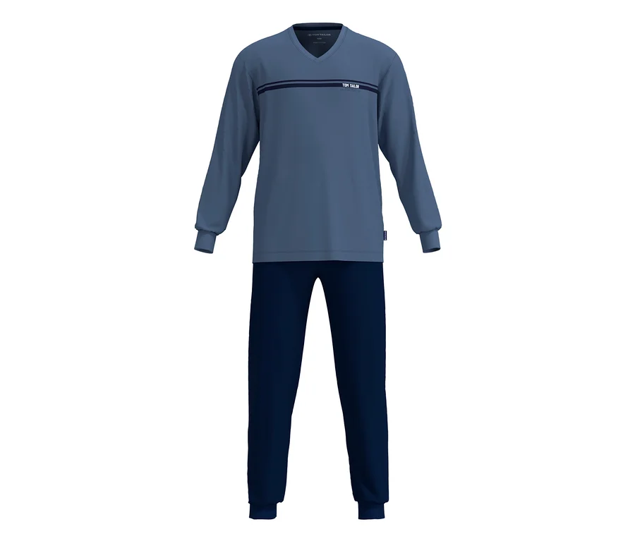 Haut de pyjama bleu clair à col en V avec des rayures bleu foncé sur la poitrine, et pantalon de pyjama bleu foncé.