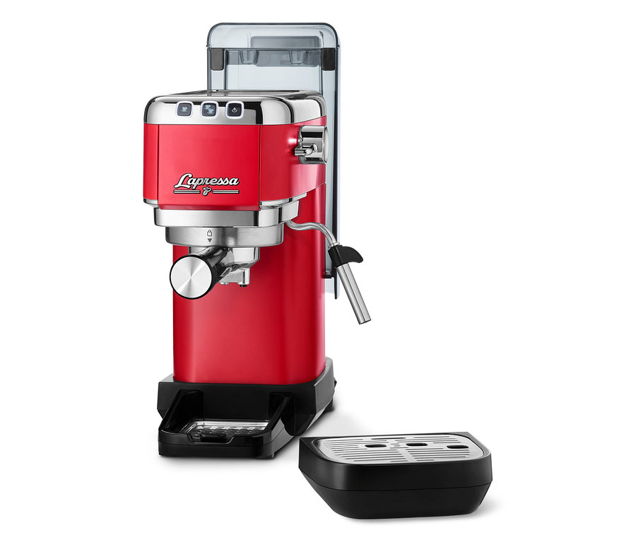Une machine à porte-filtre « Lapressa » rouge sur fond blanc.
