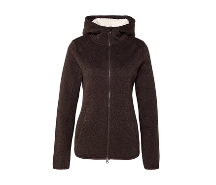 Veste à capuche marron foncé avec une fermeture éclair intégrale et une doublure blanche duveteuse dans la capuche.