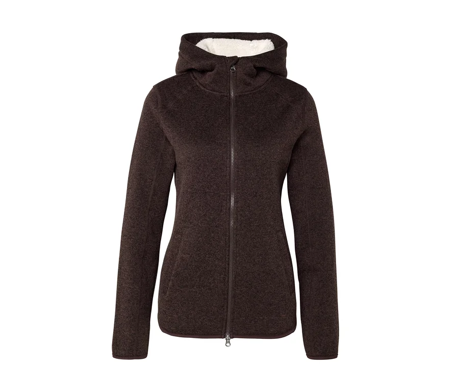 Veste à capuche marron foncé avec une fermeture éclair intégrale et une doublure blanche duveteuse dans la capuche.