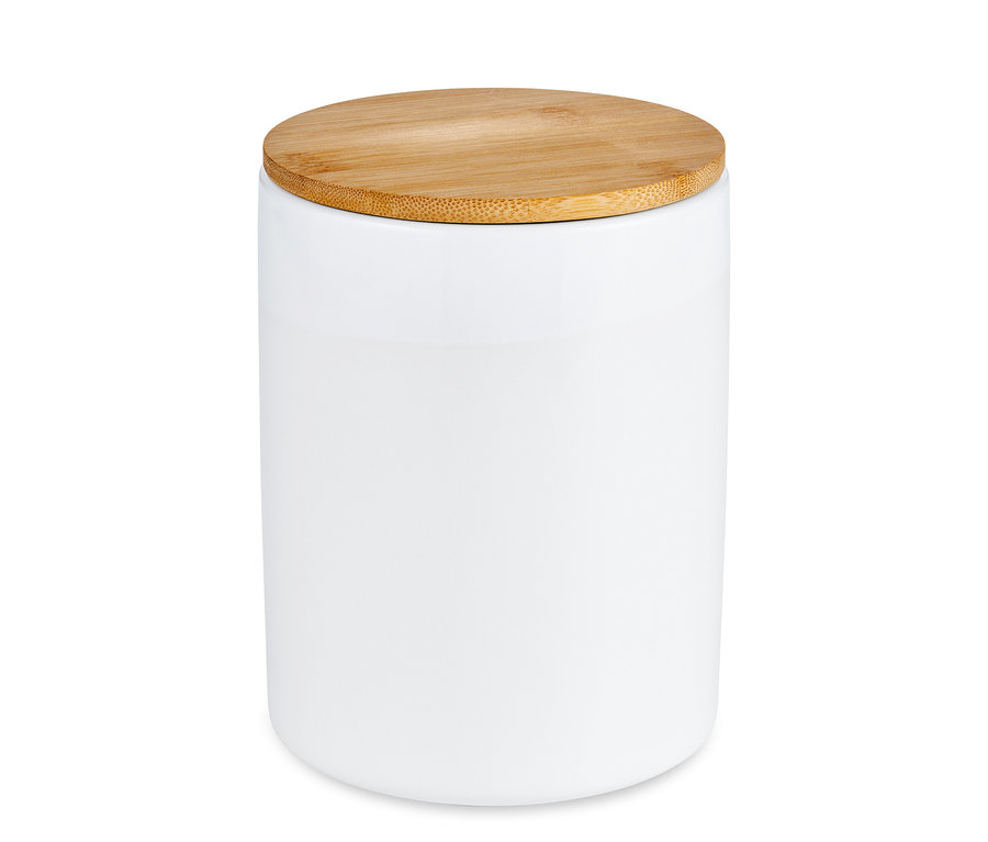 Boîte à café blanche en céramique avec couvercle en bois.