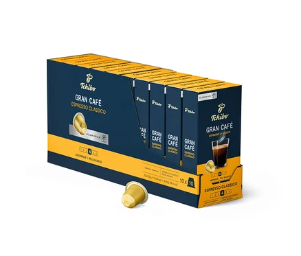 Un paquet de capsules Tchibo Gran Café Espresso Classico, le paquet est bleu et contient 100 capsules.