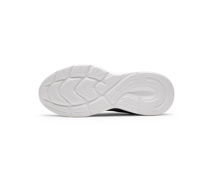 Semelle de chaussure blanche avec un motif texturé antidérapant, présentant des lignes courbes et de petites formes rectangulaires.