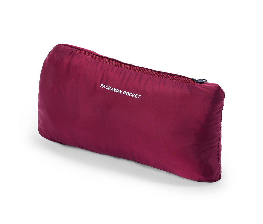 Pochette rectangulaire marron avec une fermeture éclair et l'inscription blanche 'PACKAWAY POCKET' sur fond blanc.
