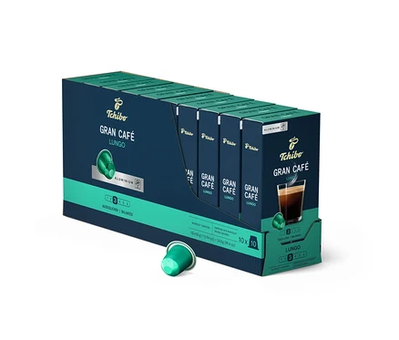 Un paquet de capsules Tchibo Gran Café Lungo. Un paquet et une capsule sont présentés.