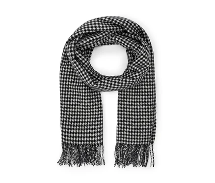 Écharpe tissée noire et blanche avec jacquard pied-de-poule et franges.
