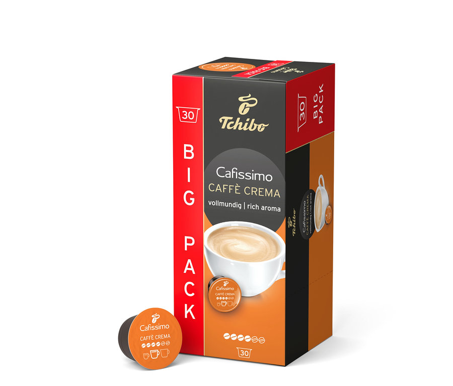 Une boîte de 30 capsules Cafissimo Caffè Crema vollmundig (intense) est présentée sur l'image.