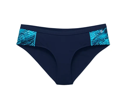 Gros plan d'une culotte de bikini de sport avec des motifs turquoise sur les côtés.