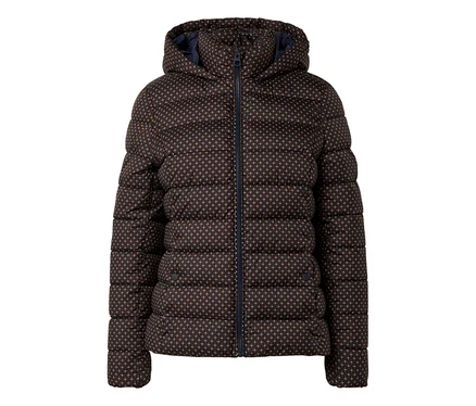 Une veste matelassée marron à capuche avec un motif de petits losanges et points est fermée par une fermeture éclair.
