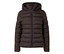 Une veste matelassée marron à capuche avec un motif de petits losanges et points est fermée par une fermeture éclair.