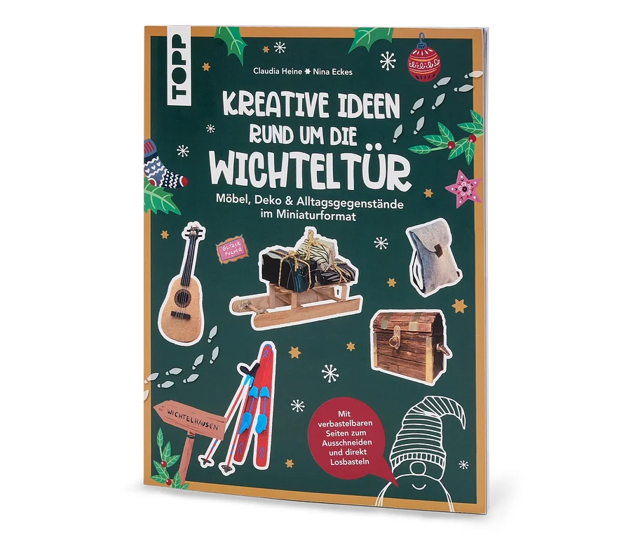 La couverture du livre « Kreative Ideen rund um die Wichteltür » montre des miniatures de meubles et de décorations sur un fond vert.