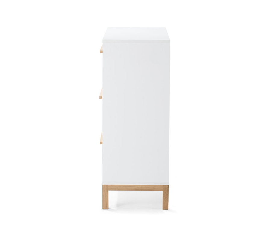 Vue latérale d'un meuble bas de salle de bain blanc.