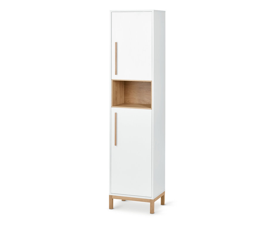 Armoire haute de salle de bain «Eklund» blanche avec deux portes et une étagère en bois ouverte au milieu.