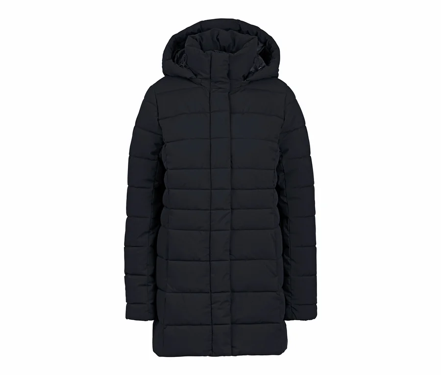 Manteau matelassé bleu marine avec capuche.
