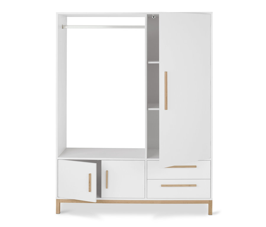Armoire « Eklund » blanche avec portes et tiroirs ouverts.