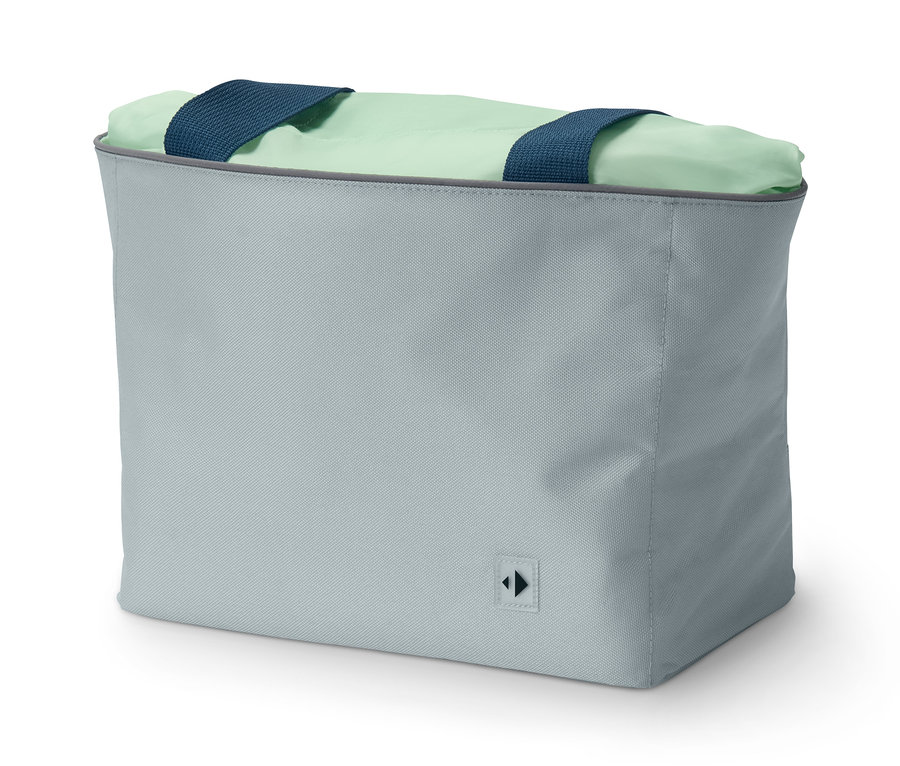 Une sacoche grise pour guidon de vélo avec des sangles bleues et une doublure intérieure vert clair.