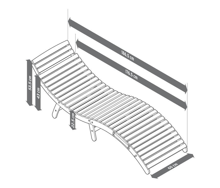 Illustration d'une chaise longue ondulée et pliable « Lenja » avec les dimensions.