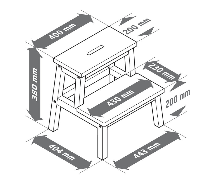 Schéma d'un marchepied en hévéa avec dimensions.