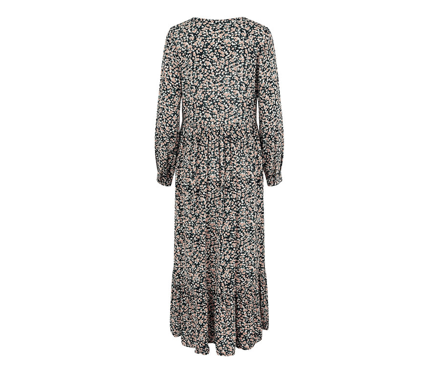 Vue arrière d'une robe maxi à manches longues avec un motif floral.