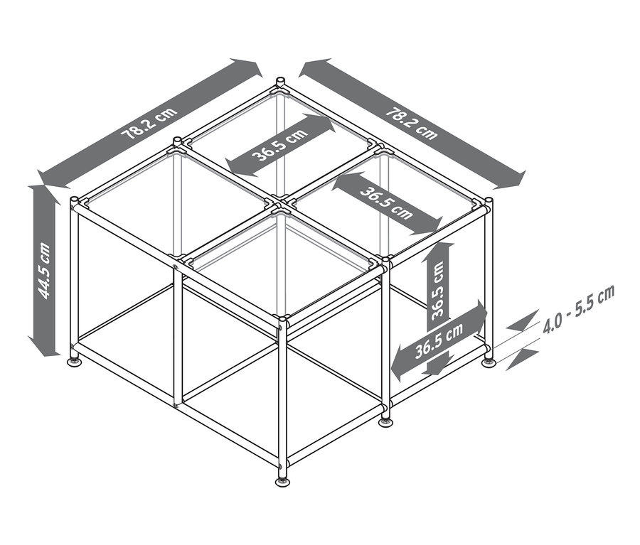 Dimensions de la table basse en métal « CN3 » avec 4 plateaux en verre
m: 78,2 x 78,2 x 44,5 cm.