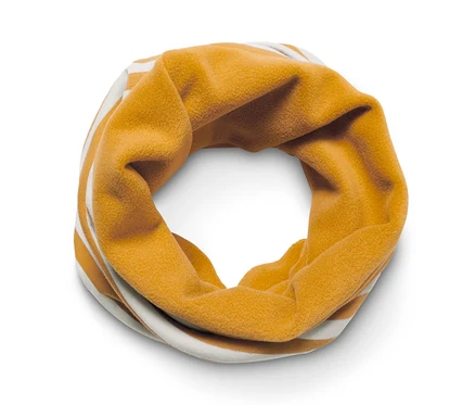 Foulard multifonction jaune à rayures blanches.
